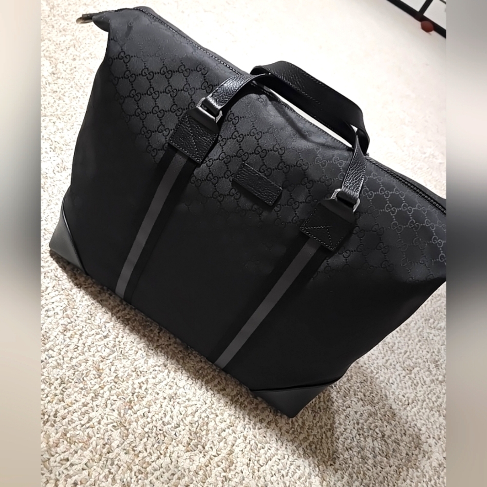 Gucci Duffle Bag GG Web Monogram Nylon XL Black Gray 449180 With Strap